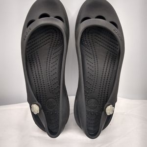 CROCS Malindi Ballet SlingBack Wmns 7M Black Scalloped/White Floral Detail*M008*